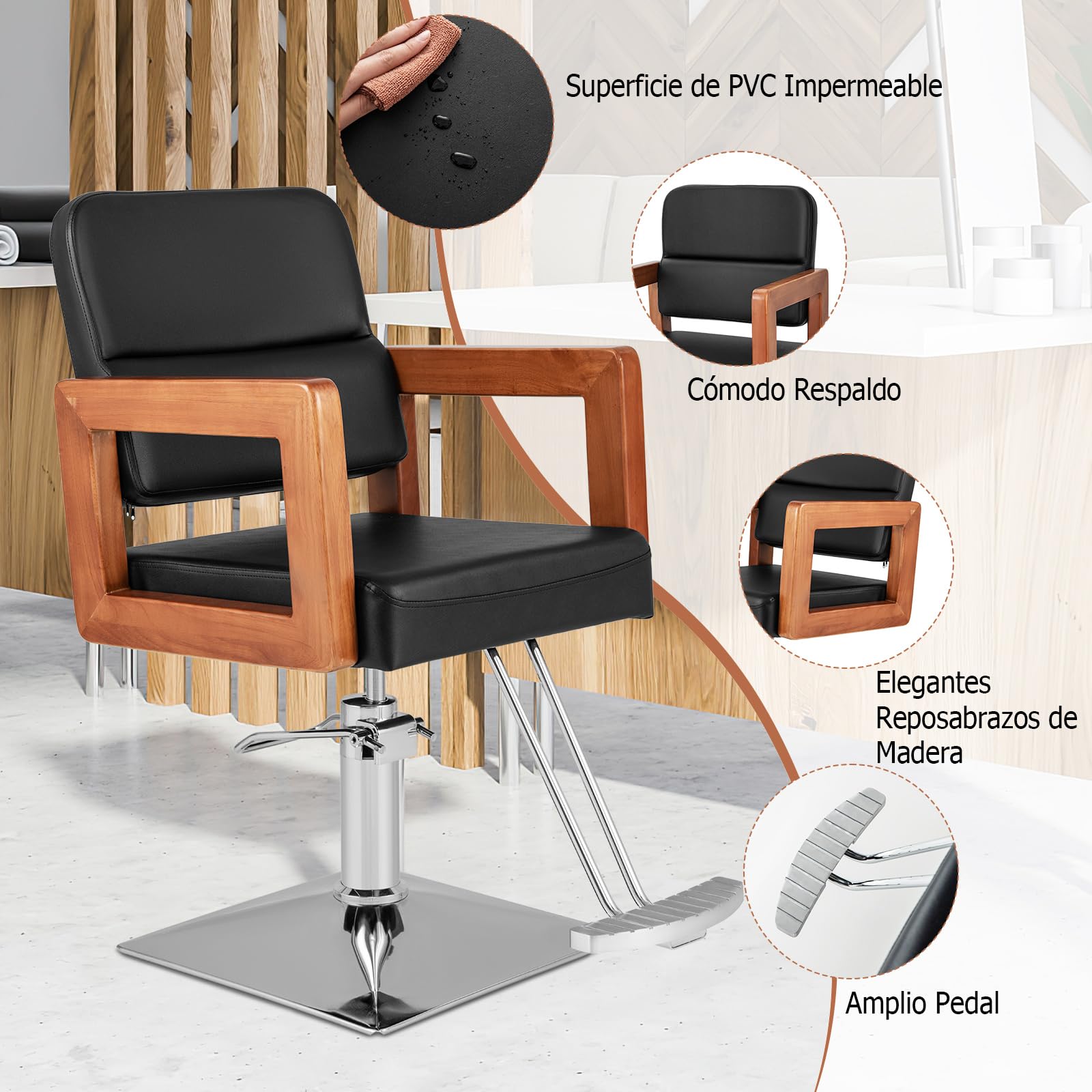 RELAX4LIFE Silla Peluquería con Altura Regulable y Giratoria 360°, Sillón Barbero con Bomba Hidráulica, Reposabrazos de Madera y Reposapiés para Salón de SPA y Belleza, Barbería, Carga 150kg