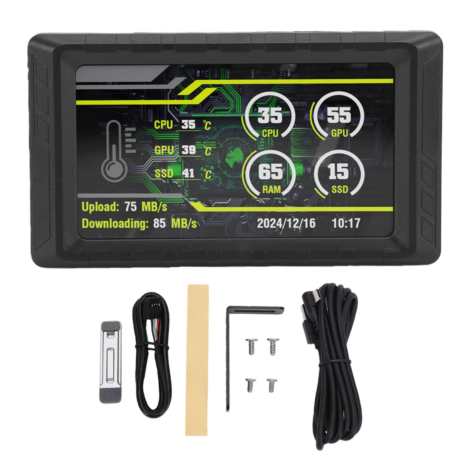 ASHATA Display LCD FHD da 5 pollici per monitoraggio GPU CPU, layout personalizzabile per programmatore, materiale ABS (nero)