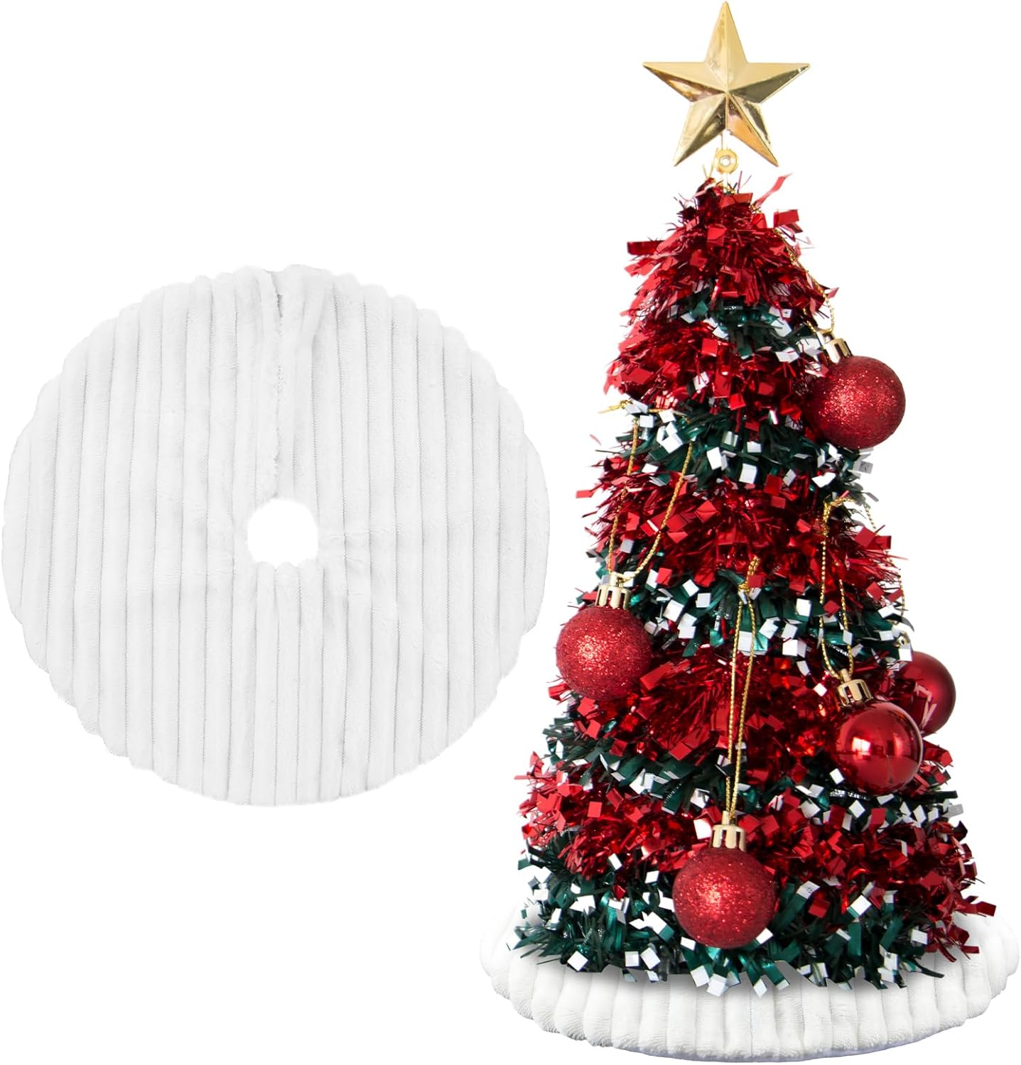 Kinlop 72 Inch Faux Fur Christmas Tree Skirt White Stripe Textured Pattern Large Tree Skirt Vintage Merry Christmas Party Favors Rustic Holiday Decor Merry Xmas Party Gifts