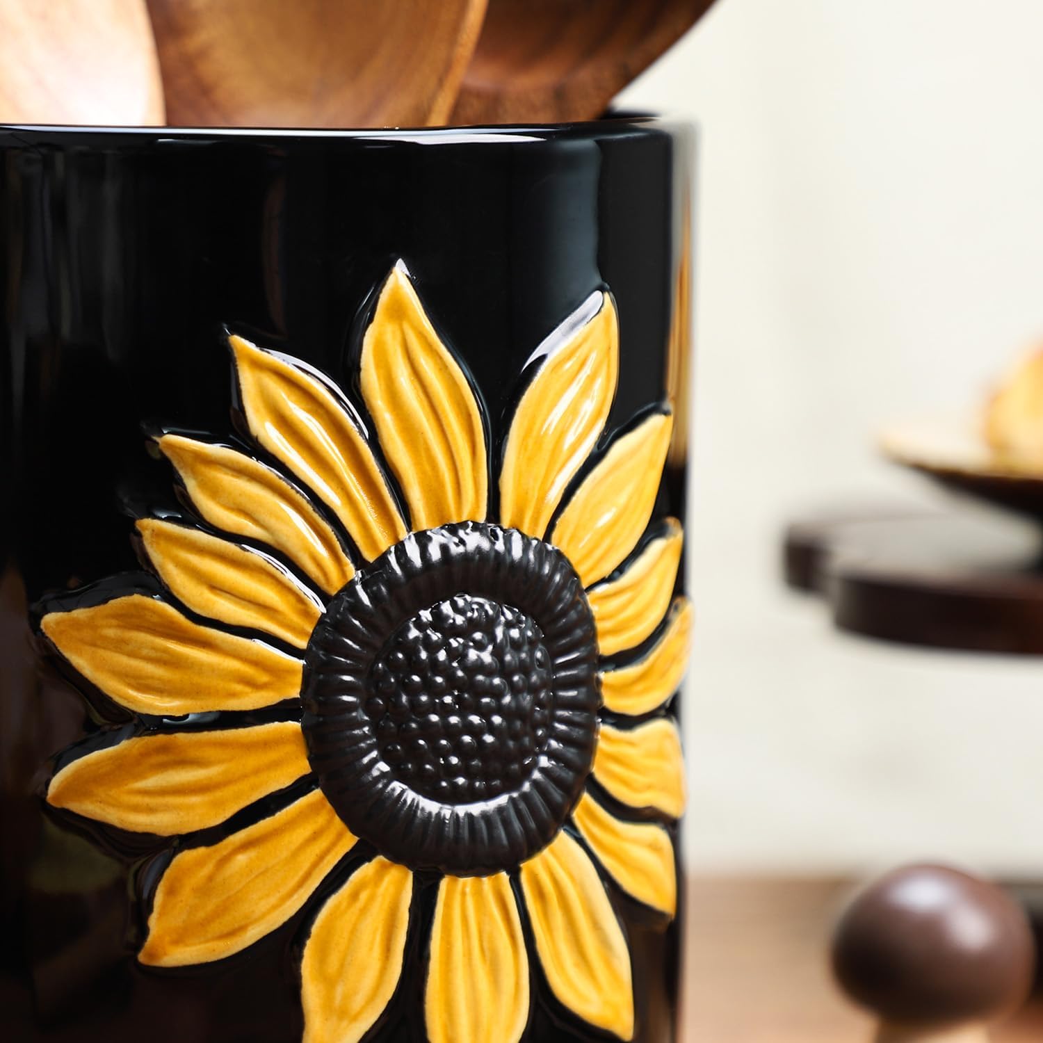Black Ceramic Kitchen Utensil Holder, Large Sunflower Cooking Utensil Crocks for Kitchen Countertop, Ceramic Utensil Organizer for Spatula