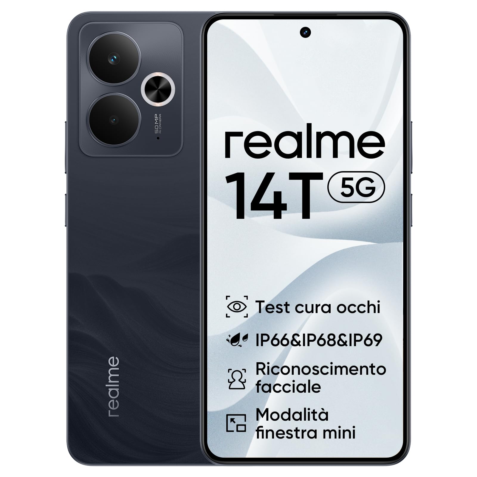 realme 14T 5G Smartphone 8+256 GB, Display Esport AMOLED 6,67" 120Hz, Chip Dimensity 6300, design fluido, funzione Next AI, impermeabilità IP69, 5260 mAh, senza adattatore, colore ossidiana nero