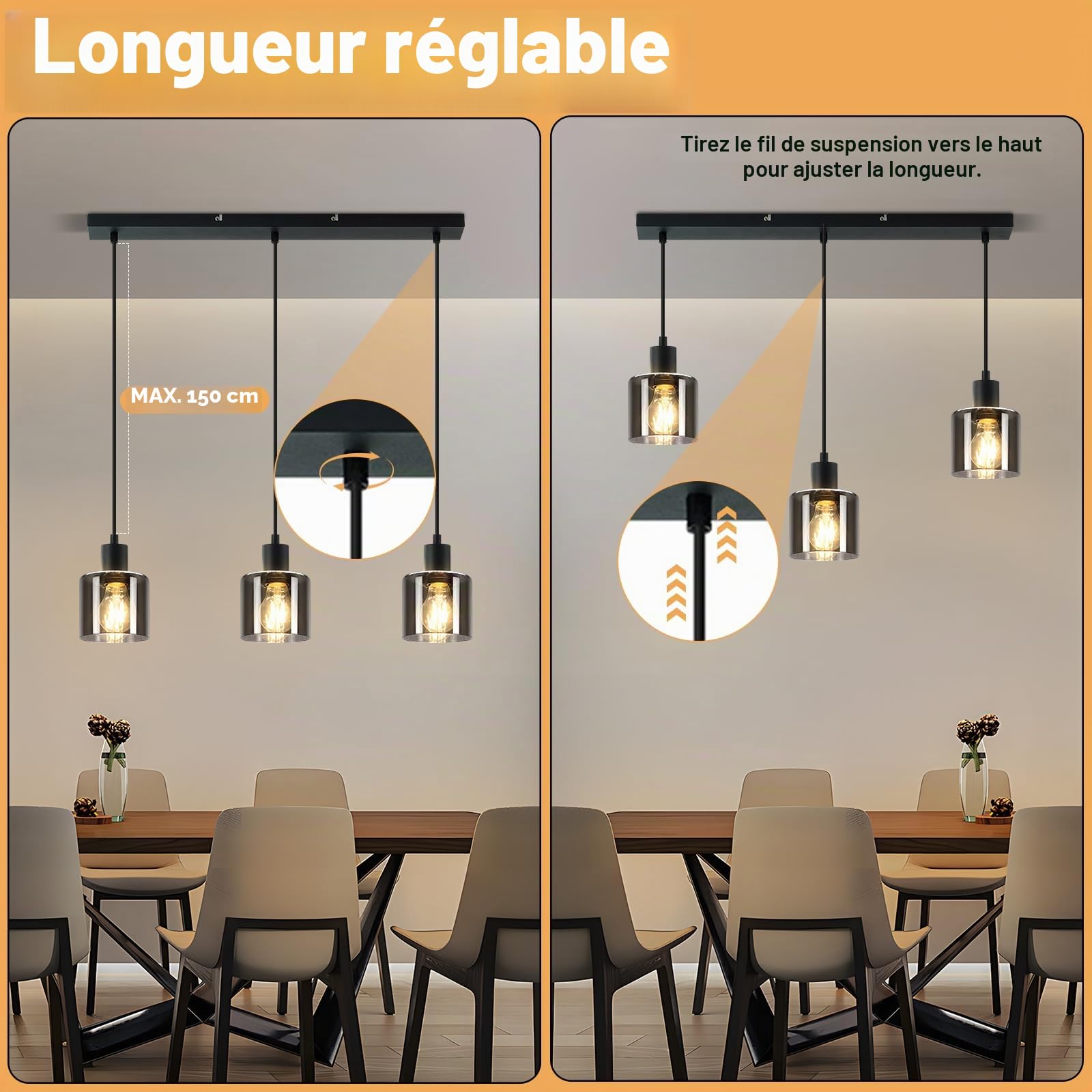 ZMH Lampe suspendue de table de salle à manger Noir - Lampe de table de