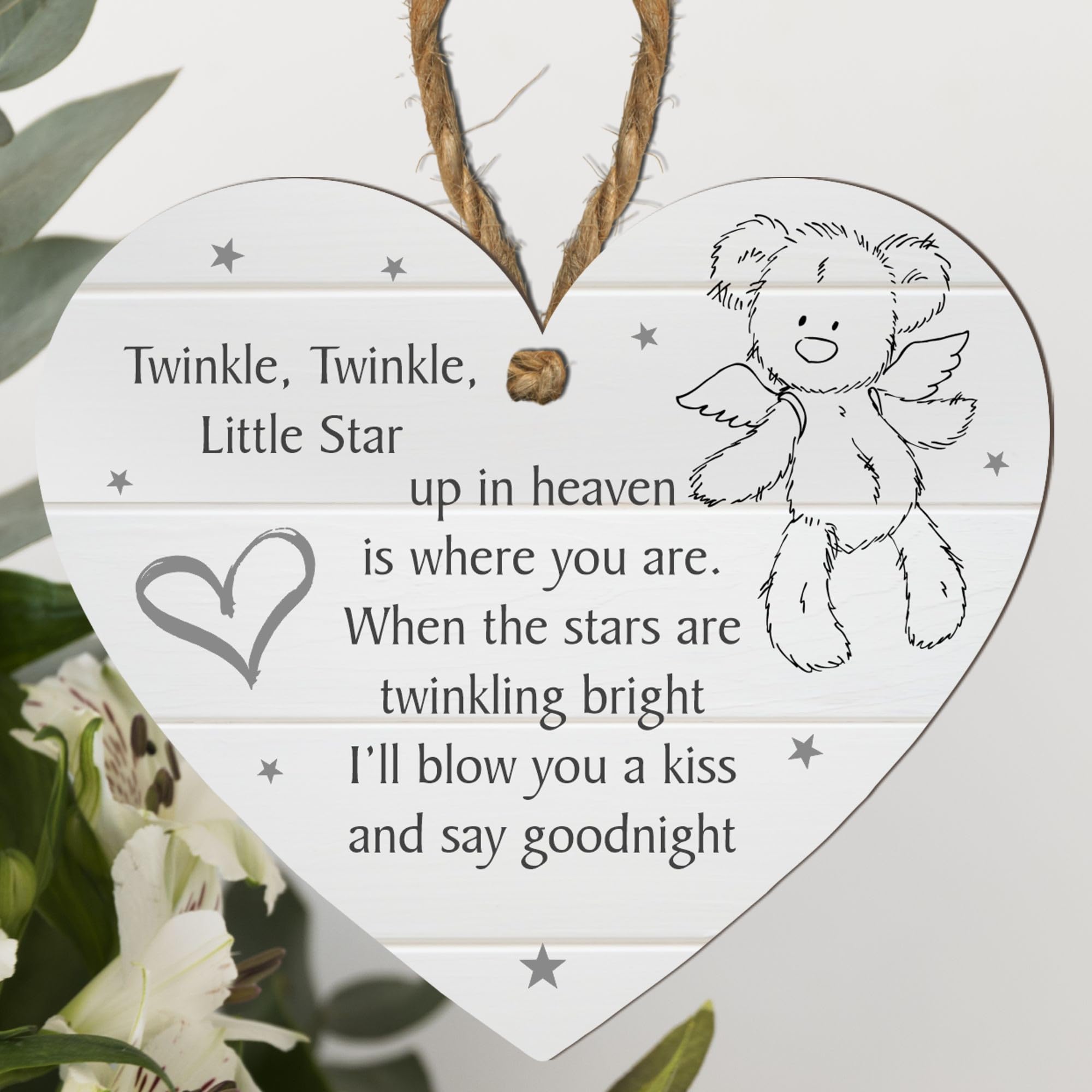 Baby Memorial Plaque - Twinkle Twinkle Little Star Keepsake | Custom Colour Options: Grey, Beige, Blue, Pink Snowflakes, Multicoloured | Angel Teddy Bear (Grey, Medium: 15 cm (H) × 13 cm (W))