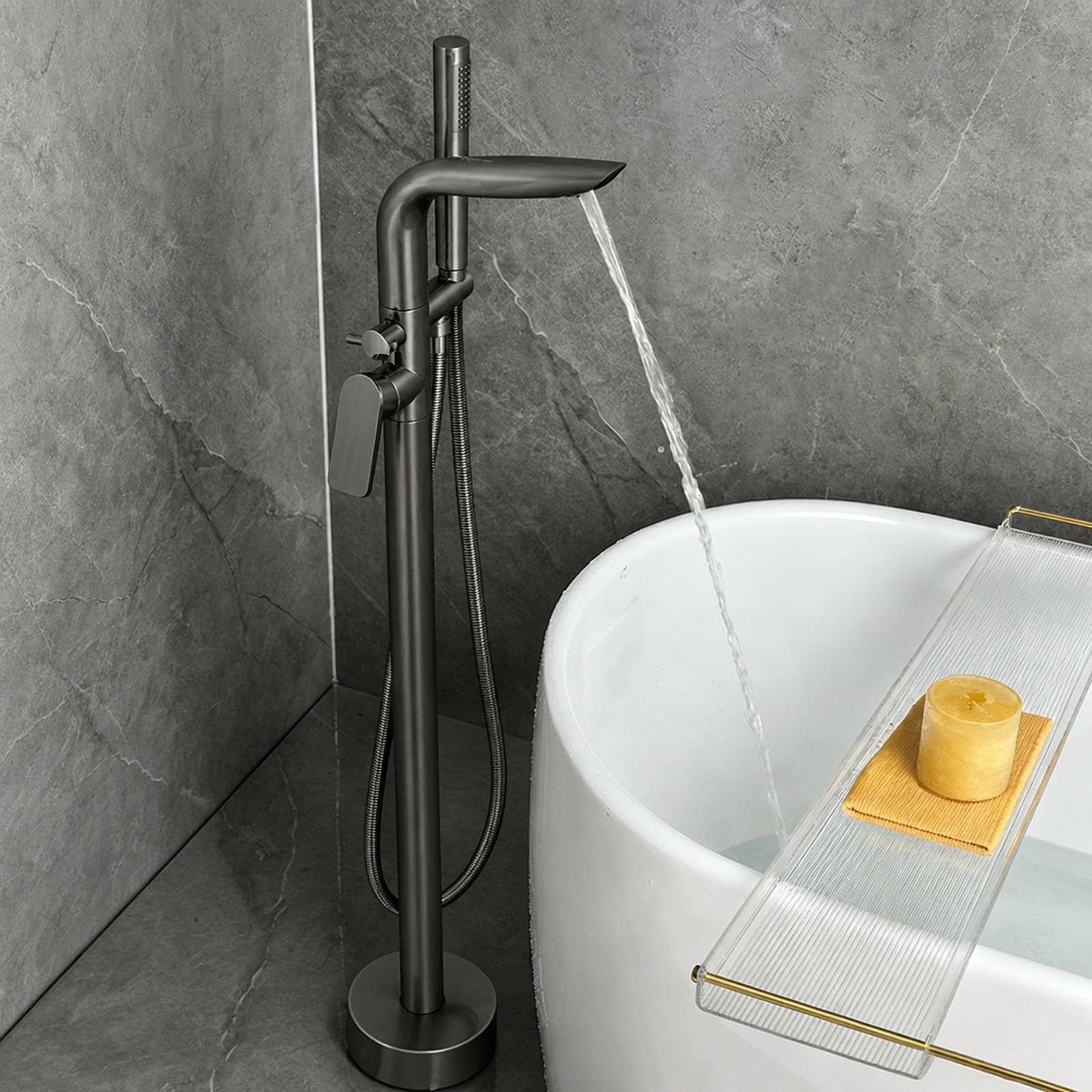 Mitigeur monocommande baignoire ilot gris pistolet à cascade et rotation 360