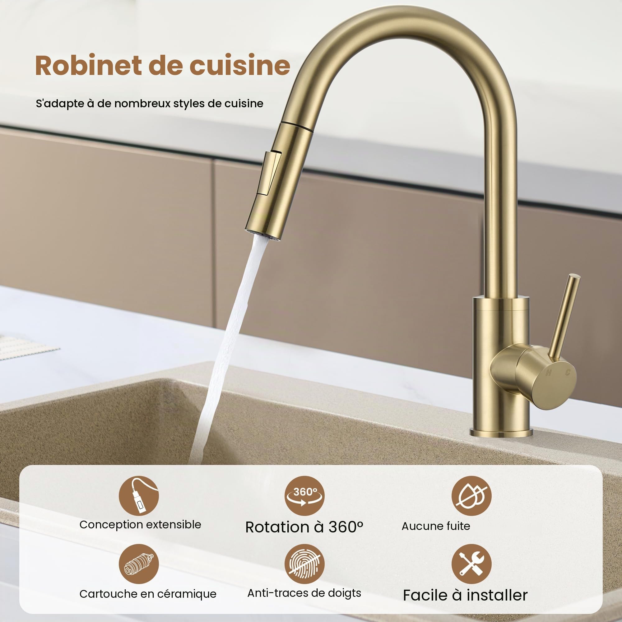 KPW Mitigeur Évier de Cuisine avec Bec Extractible en Acier Inoxydable