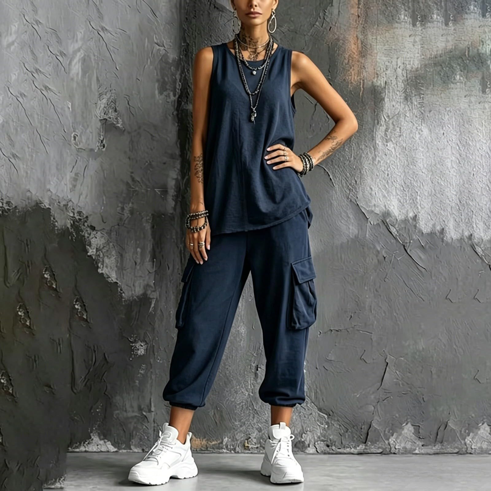 Tuta da donna per il tempo libero, in due pezzi, scollo rotondo, canotta e pantaloni per il tempo libero, tuta da jogging traspirante e comoda tuta sportiva