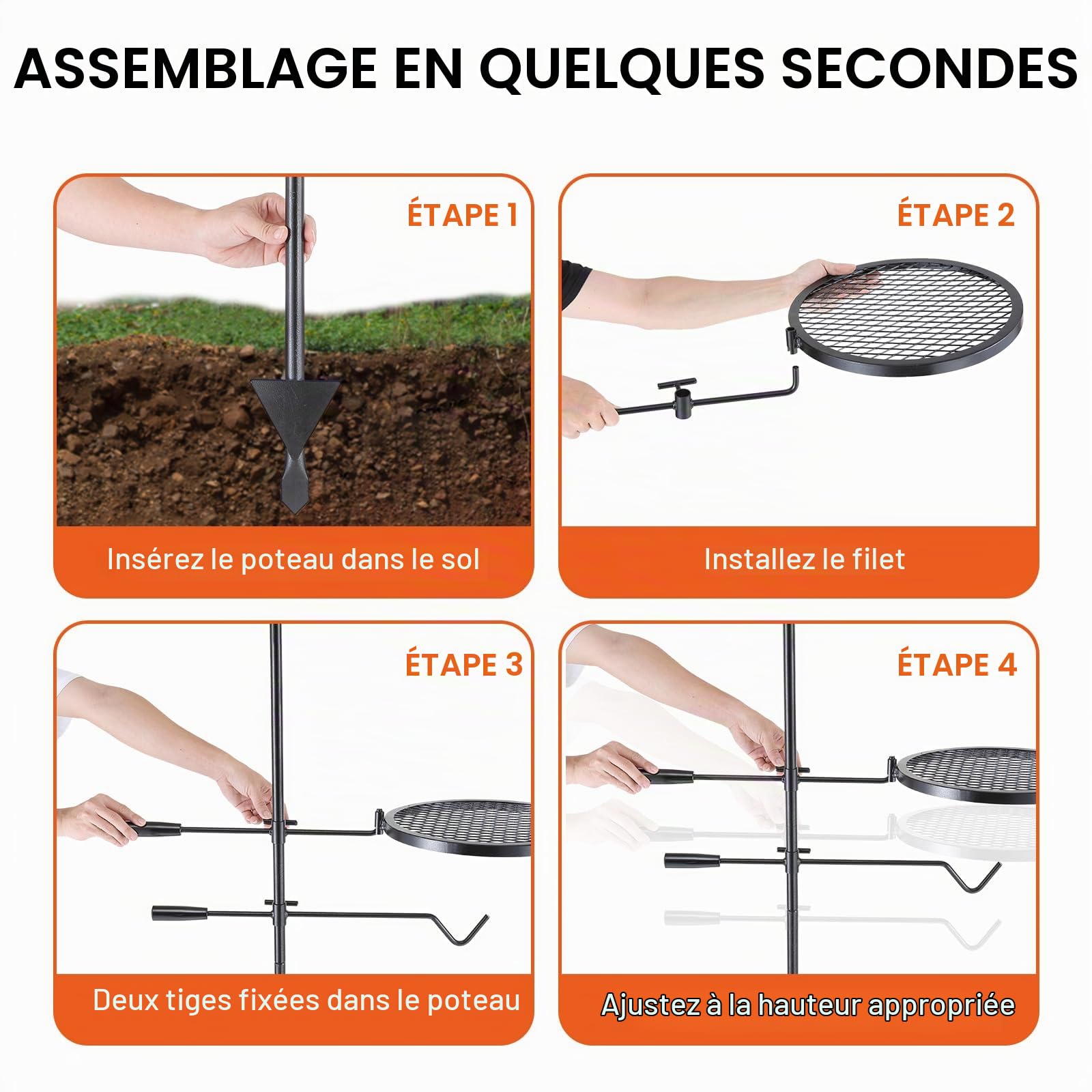 VEVOR Grille de Feu de Camp Pivotante avec Poteau 122,5 cm Gril de Camping 2 Couches 1 Filet en Diamant 36x36 cm 1 Crochet Grille de Cuisson en Acier Hauteur Réglable pour Foyer Barbecue en Plein Air