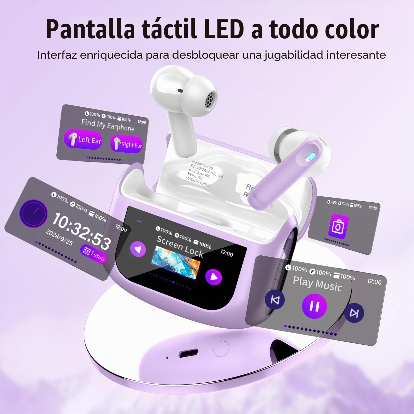Auriculares Inalambricos Bluetooth, 48H Auriculares Bluetooth 5.4 con Pantalla Táctil LED, 4 Mic con Reducción de Ruido ANC+ENC, HiFi Estéreo Cascos Inalambricos con IP7 Impermeable/5 Modos EQ, Morado