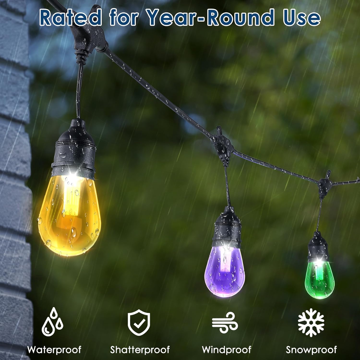 Close-up of a BRIGHTLUX string light bulb demonstrating its shatterproof plastic material.