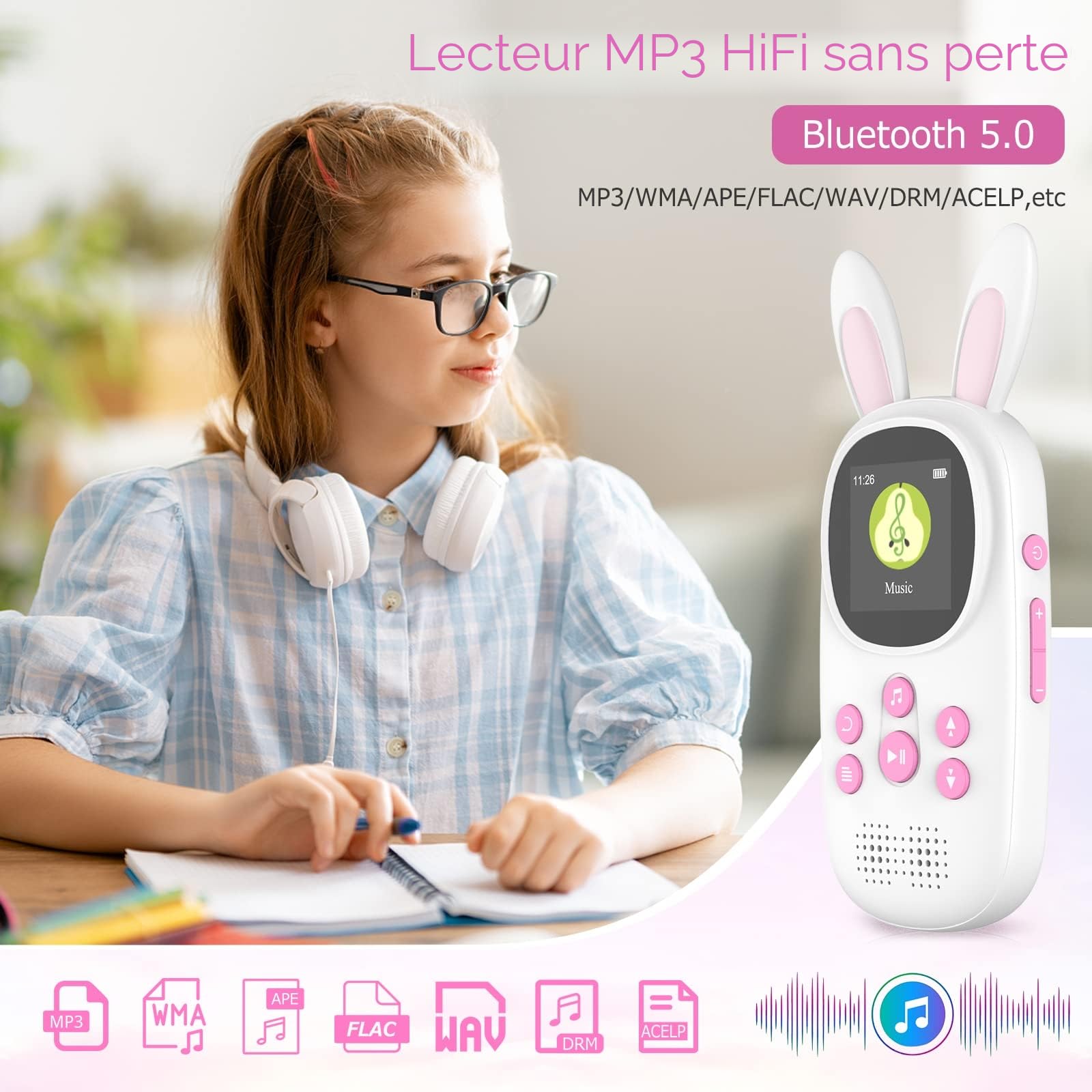Lecteur MP3 Enfants 32 Go Bluetooth Haut-Parleur Radio FM Enregistrements Alarme Chronomètre