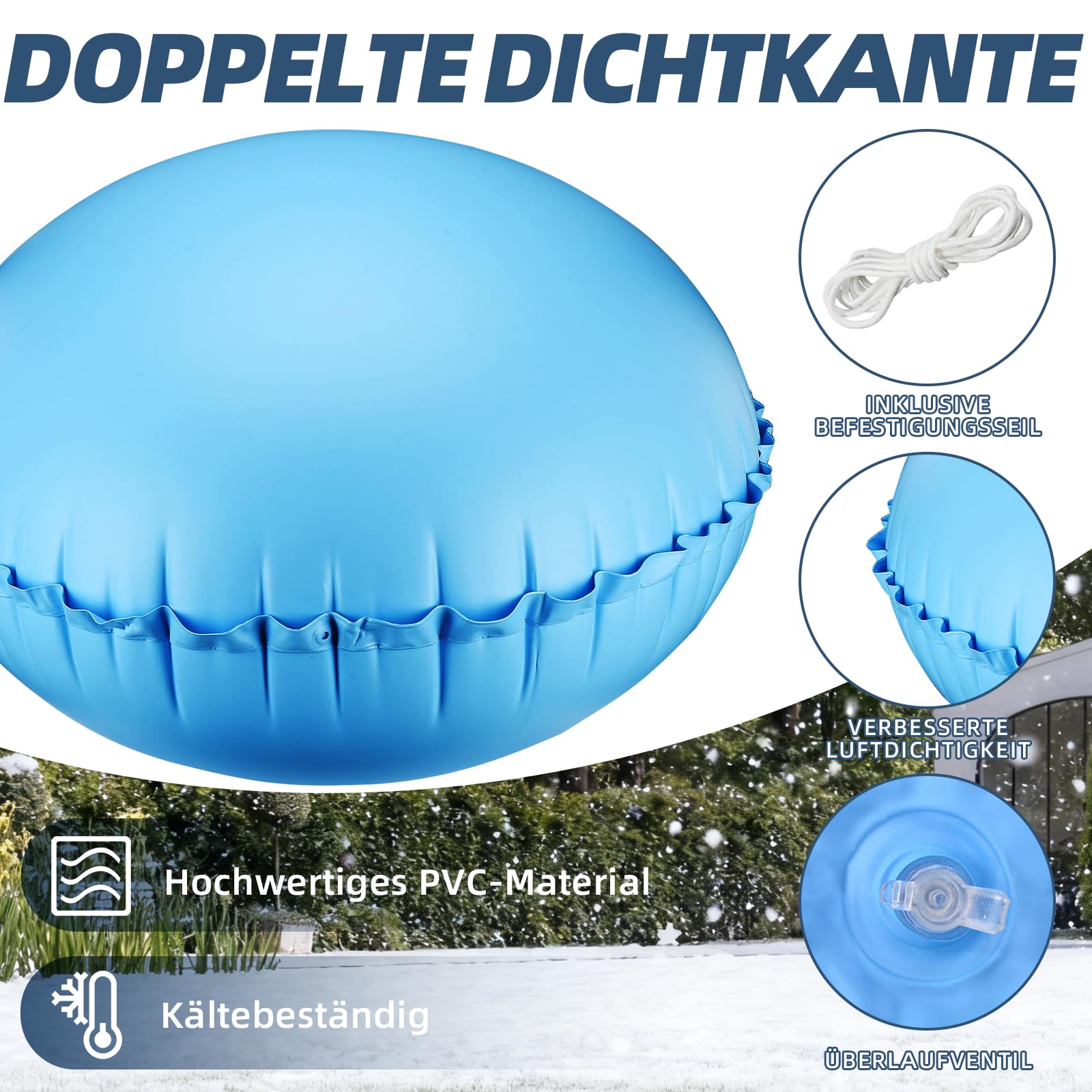 2 Stück runde aufblasbare Pool Winterkissen Ø1.2 m, Luftkissen Pool Winter für Poolabdeckung mit 15m Seil, Zubehör für Winter und schlechtes Wetter