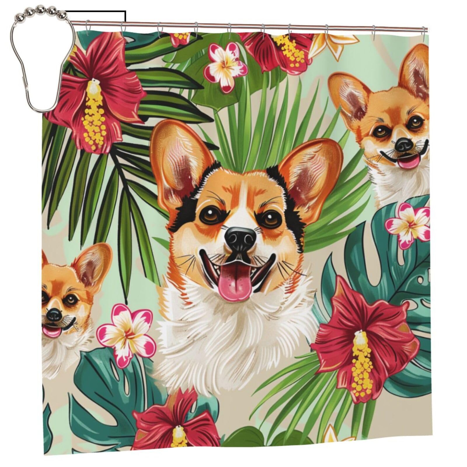 BWWHCCTI tropical flower and corgi Printed Shower Curtain With 12 Iron Hooks Opaque Quick Drying Waterproof Shower Curtains Sets For Bathroom 183x183 CM