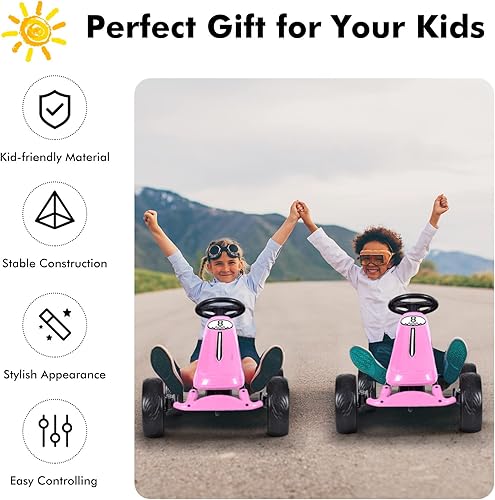 Miniatura 8 de OLAKIDS Pedal Go Kart para niños, 4 ruedas en coche de juguete, corredor de pie interior al aire libre para niño niña con asiento de cubo ajustable,