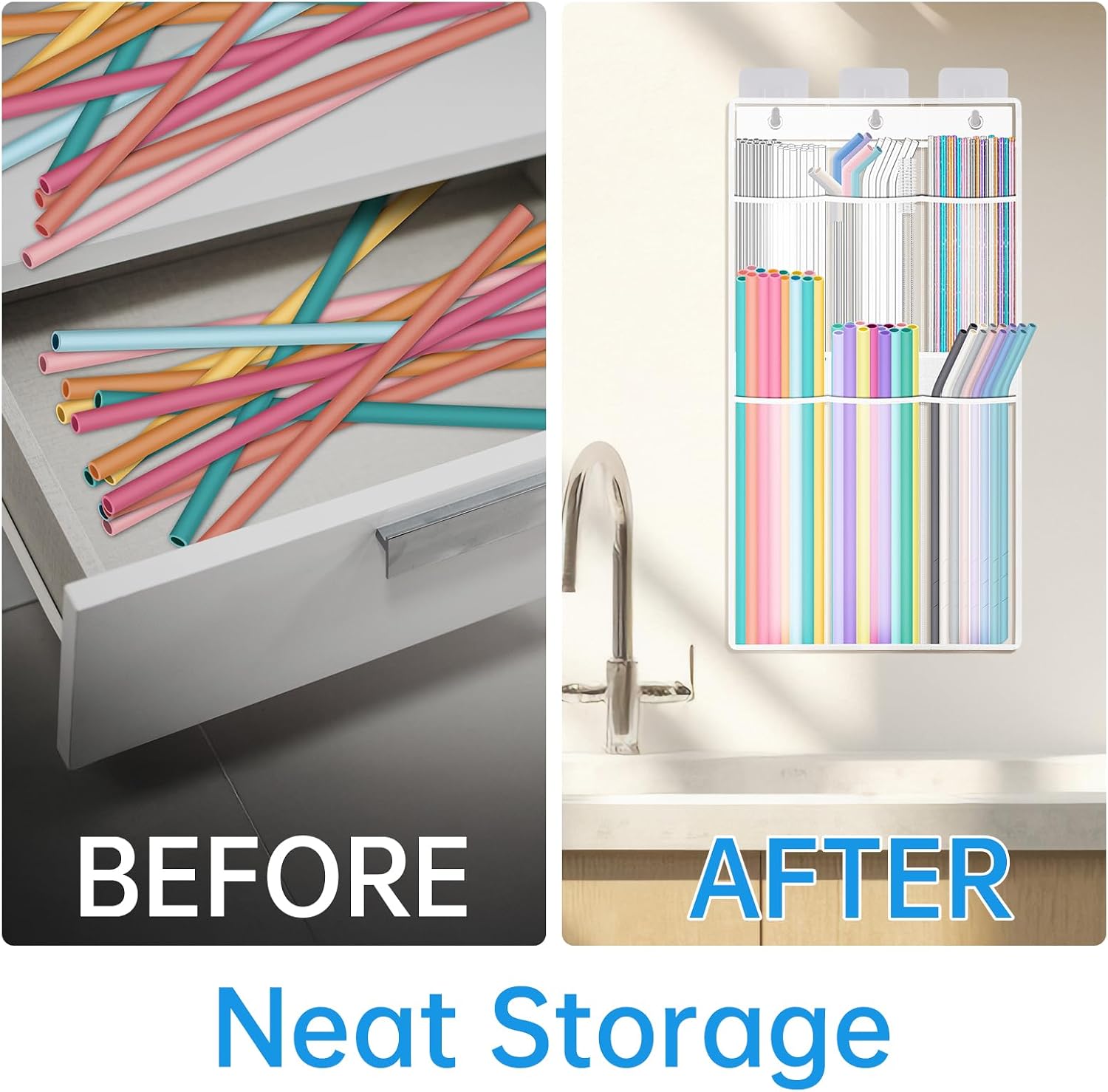 NiHome Straw Holder Organizer for Cabinet Door, 6 Pockets 2-Tier, Clear