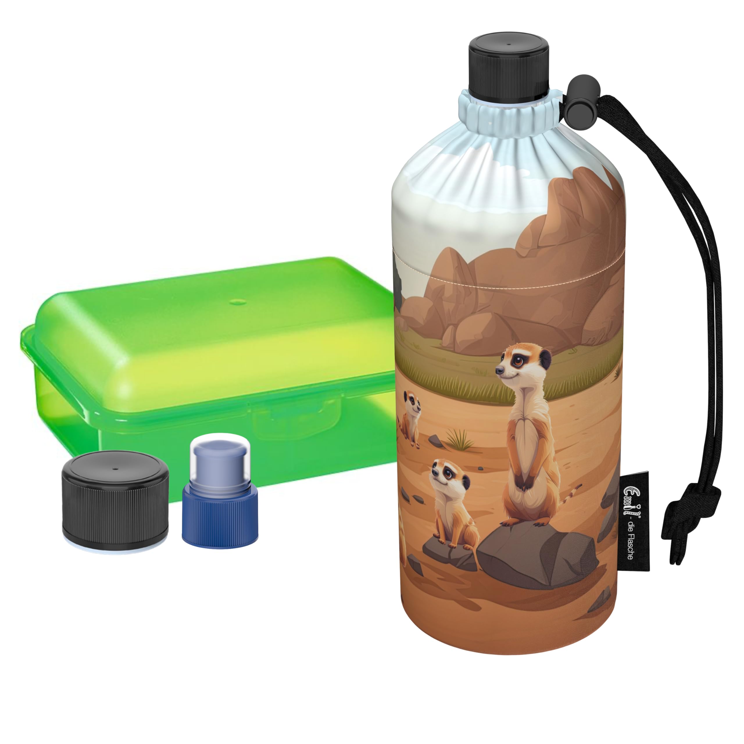 Emil Glas Trinkflasche Starterset 0,4l Erdmännchen – inkl. Brotbox & 3 Verschlüsse, isolierte Kinderflasche für Kita, Kindergarten & Schulstart, schadstofffrei