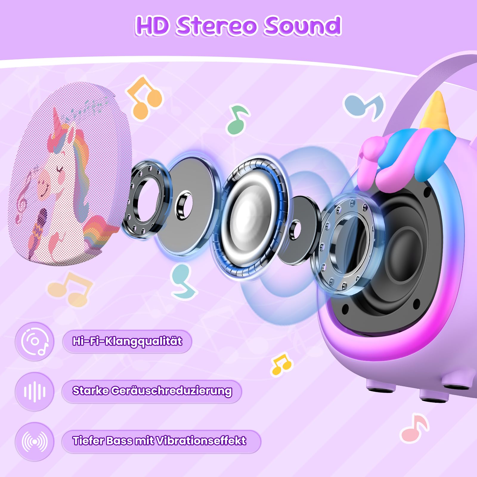 Fippesax Kinder Karaoke Maschine mit 2 kabellosen Bluetooth Mikrofonen, Kompaktes Einhorn Musikspielzeug mit Stimmeffekten & LED Lichtern, Geschenk für Mädchen ab 6 Jahren (Lila)
