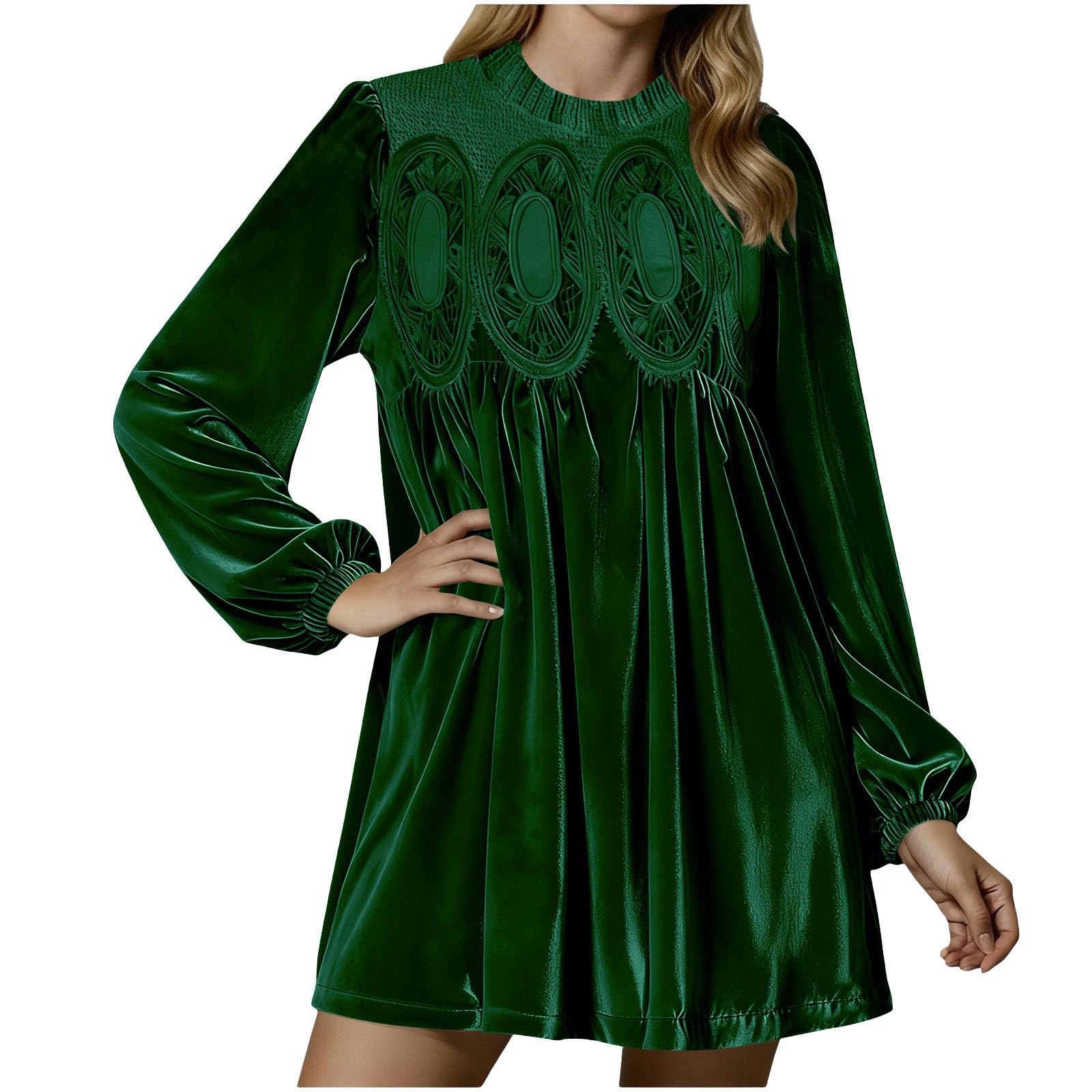 Womens A Line Velvet Dress Lace Overall Pleated Babydoll Long Sleeve Dresses Lace Patchwork Casual Skirtall Scallop Neck Flared Wedding Guest Mini Dress Party Size S-XXL
