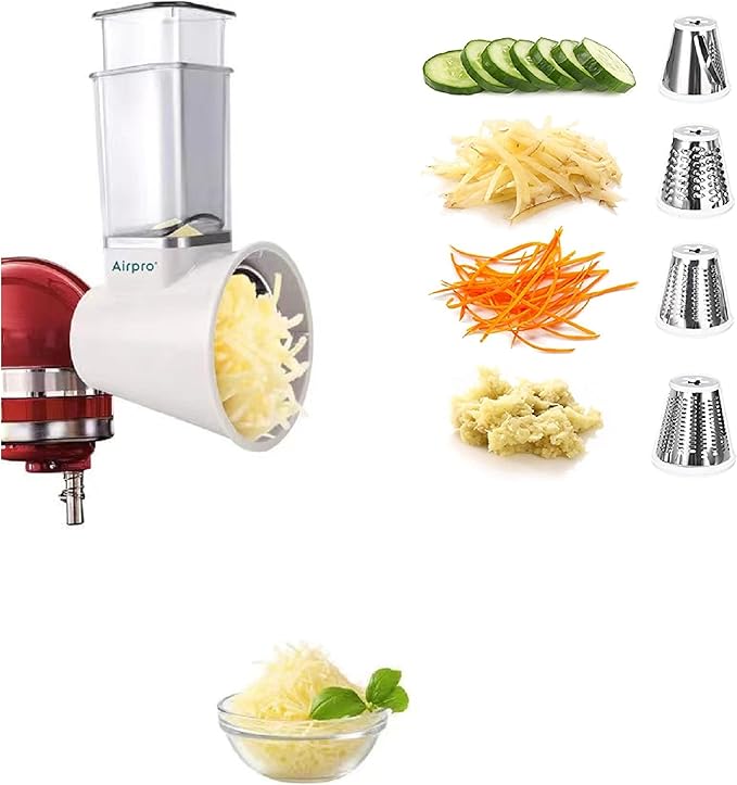Airpro Slicer/Shredder Attachments for KitchenAid Stand Mixers, Food Slicers Cheese Grater Attachment, Salad Maker Accessory Vegetable Chopper with 4 Blades Dishwasher Safe