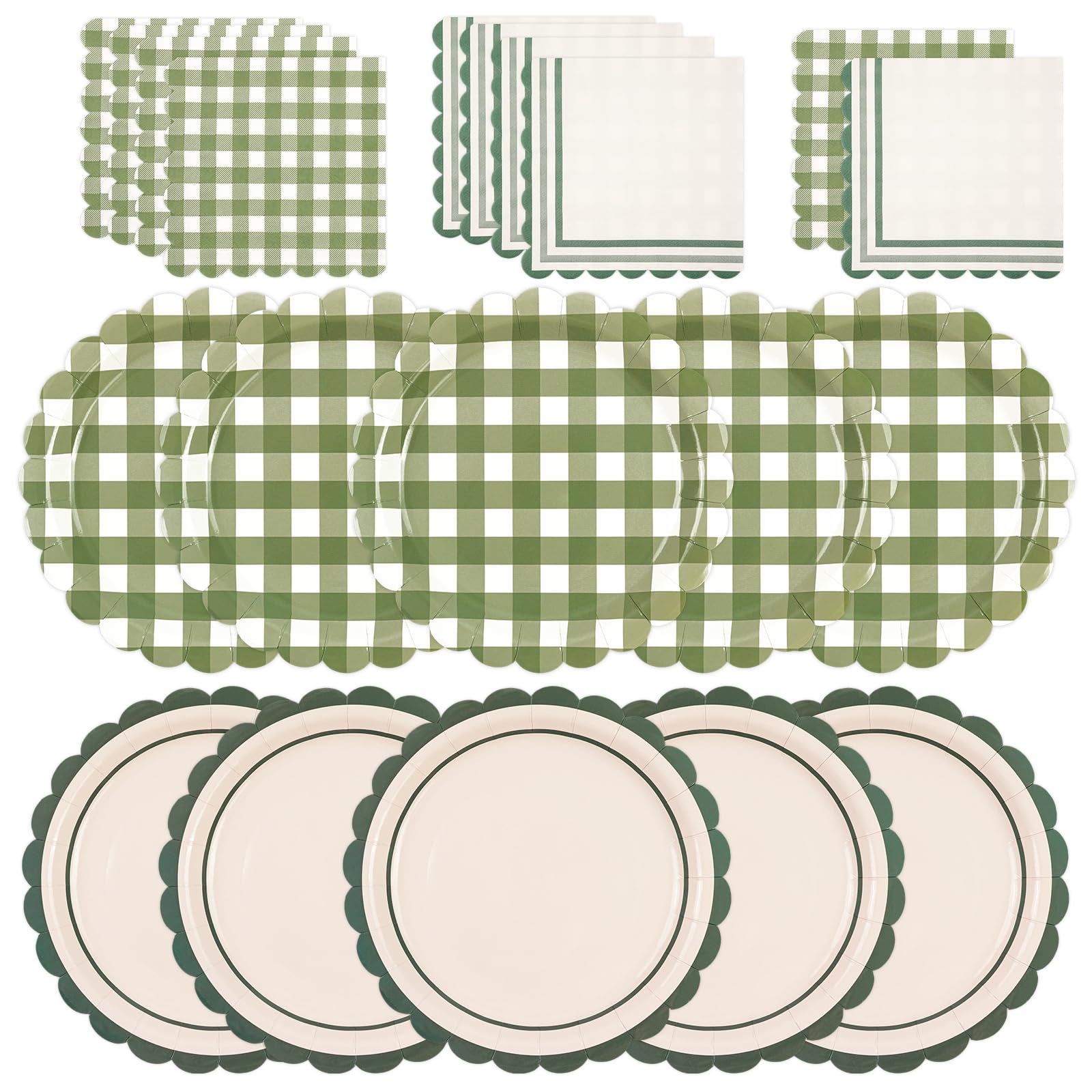 48 pezzi Salvia Gingham con bordo ondulato, piatti di carta e tovaglioli per compleanno, piatti di carta usa e getta con motivo a scacchi, piatti di carta decorativi Gingham, piatti di carta