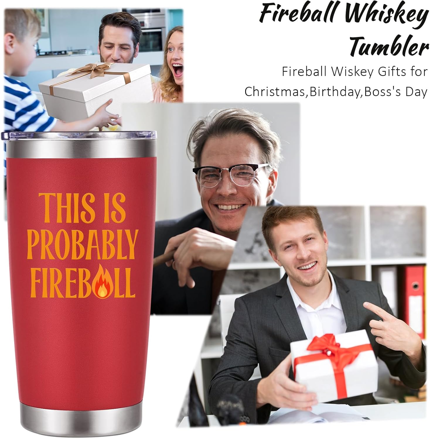 LiqCool Fireball Whiskey Gifts, This is Probably Fireball Tumbler, Christmas Gifts for Men Women Friends, Novelty Birthday Gifts For Him Her, 20 Oz Insulated Tumbler with Gift Box(Red) image 2