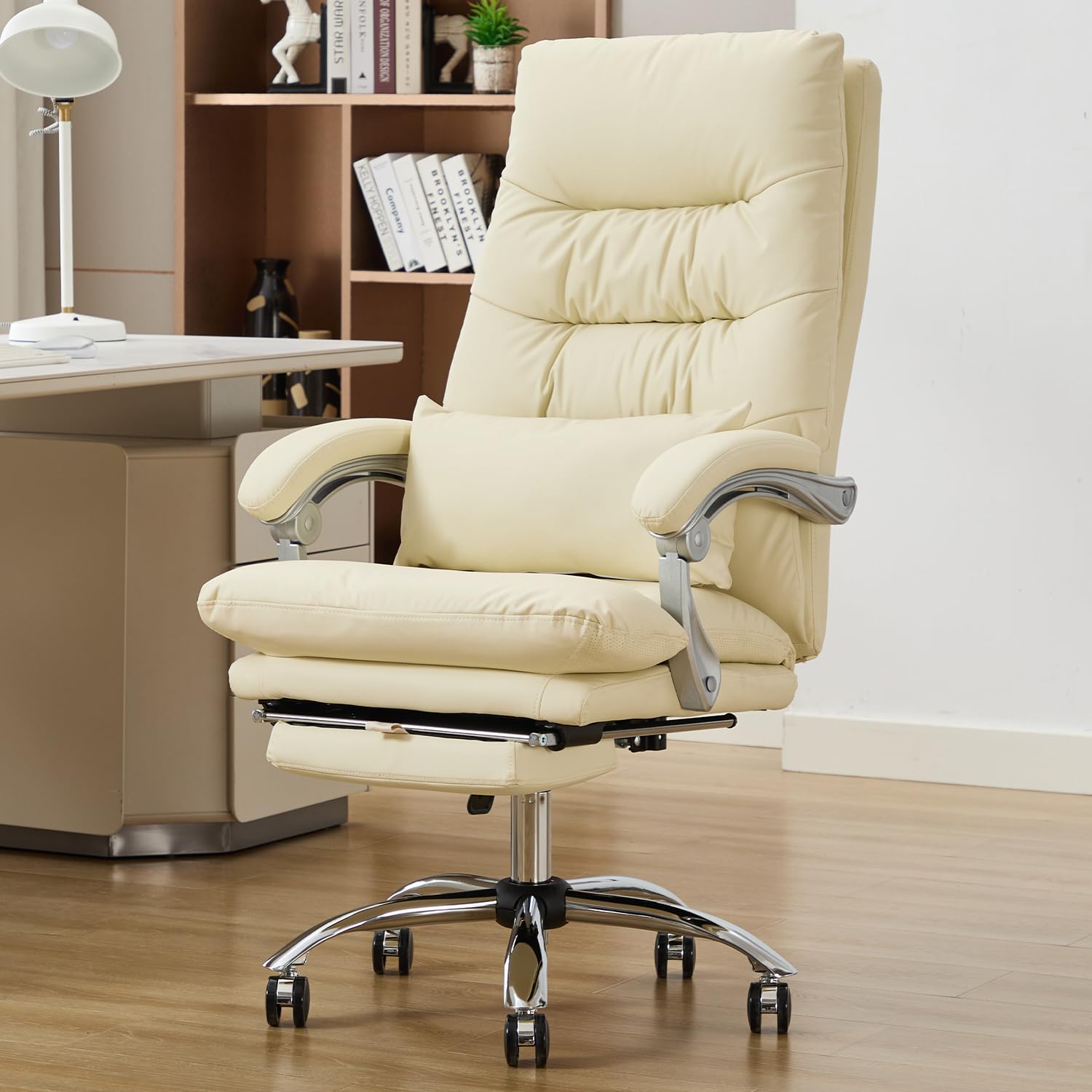 Seanail Office Chair with Foot Rest - High Back 155° Reclining, Leather Executive Swivel Computer Desk Chair with Wheels (Beige)
