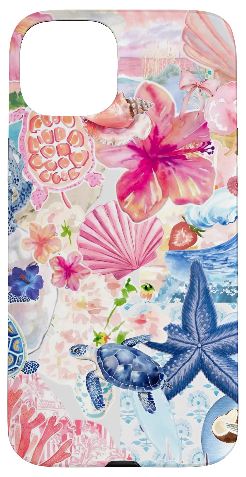 European Summer Preppy Collage Hibiscus and Turtle Case for iPhone 15 Plus