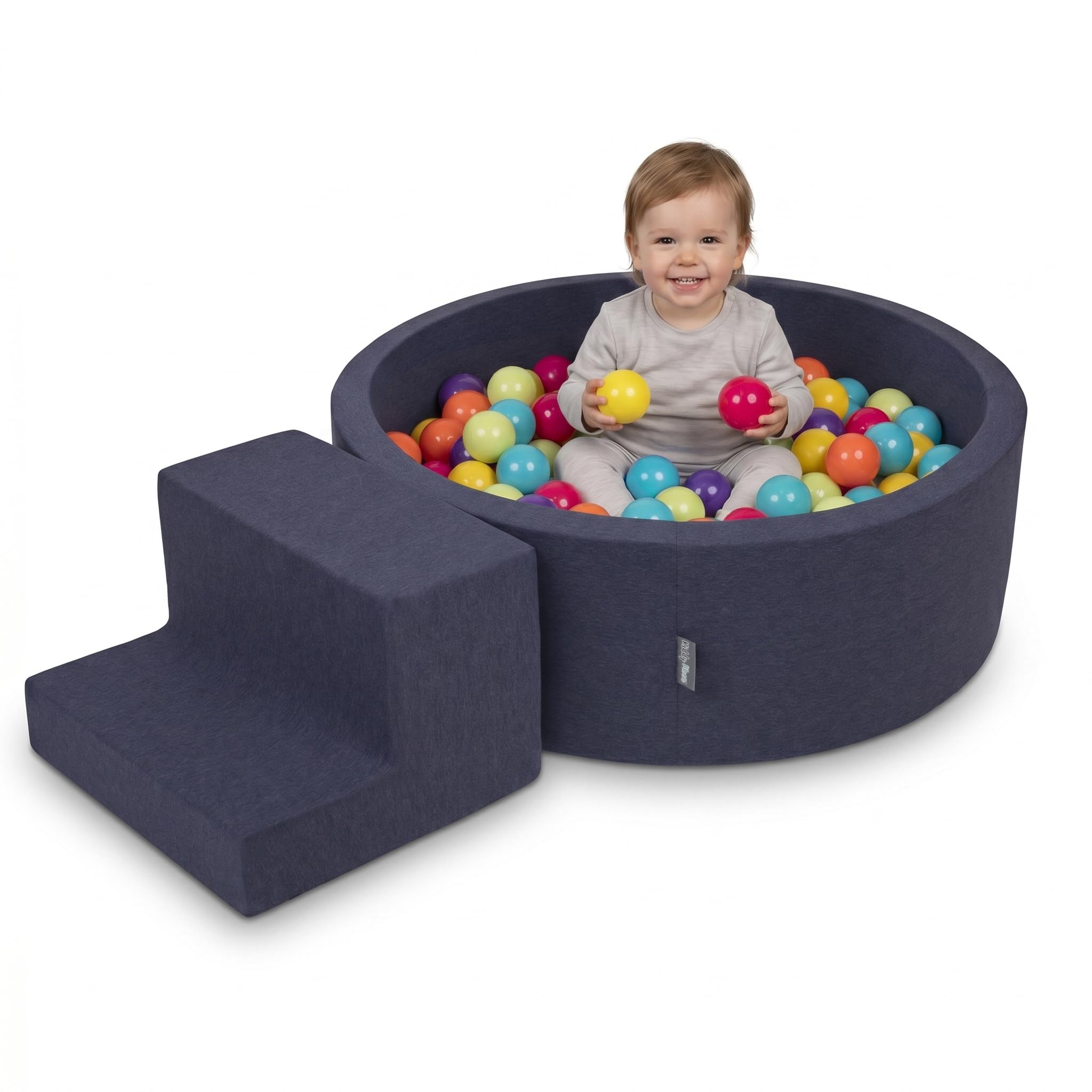 KiddyMoon Soft play set with ballpit 90x30cm and steps 200 balls 7cm foam playground for babies and toddlers - Dark blue: Light green Yellow Turquoise Orange Dark pink Violet