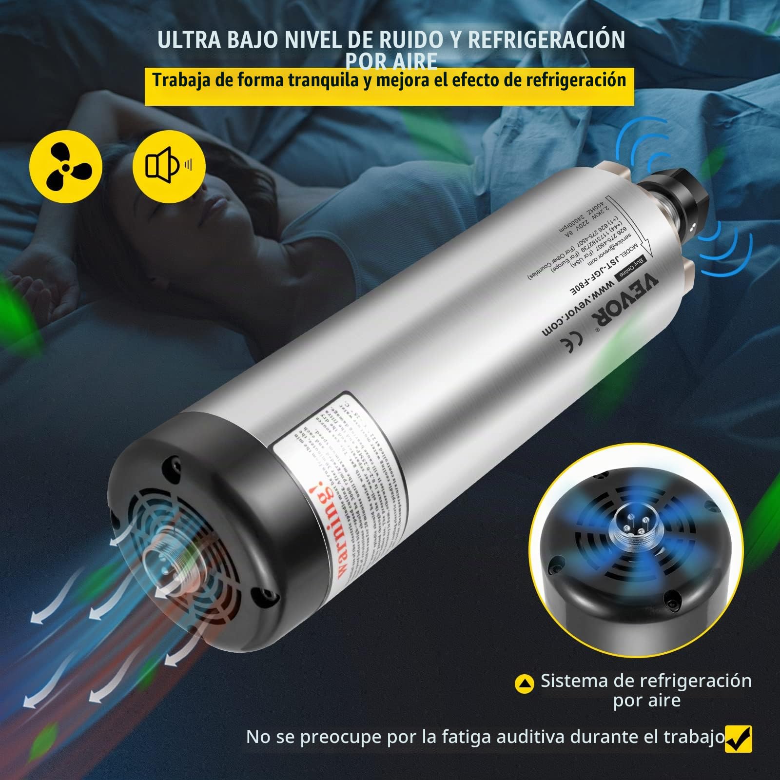 Motor Husillo VEVOR 2.2 KW 220V, Alta Velocidad 24,000 RPM, Refrigerado por Aire, Cono ER20, Frecuencia 400 Hz, Ideal para Fresado y Grabado