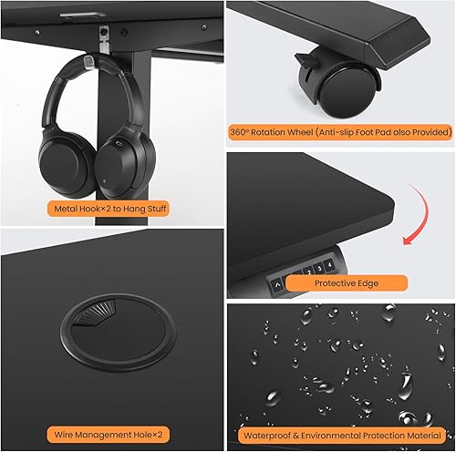 Miniatura 8 de Escritorio de pie de altura ajustable, mesa eléctrica ajustable de altura, escritorio de pie de 55 x 24 pulgadas con ganchos dobles y ruedas, rango