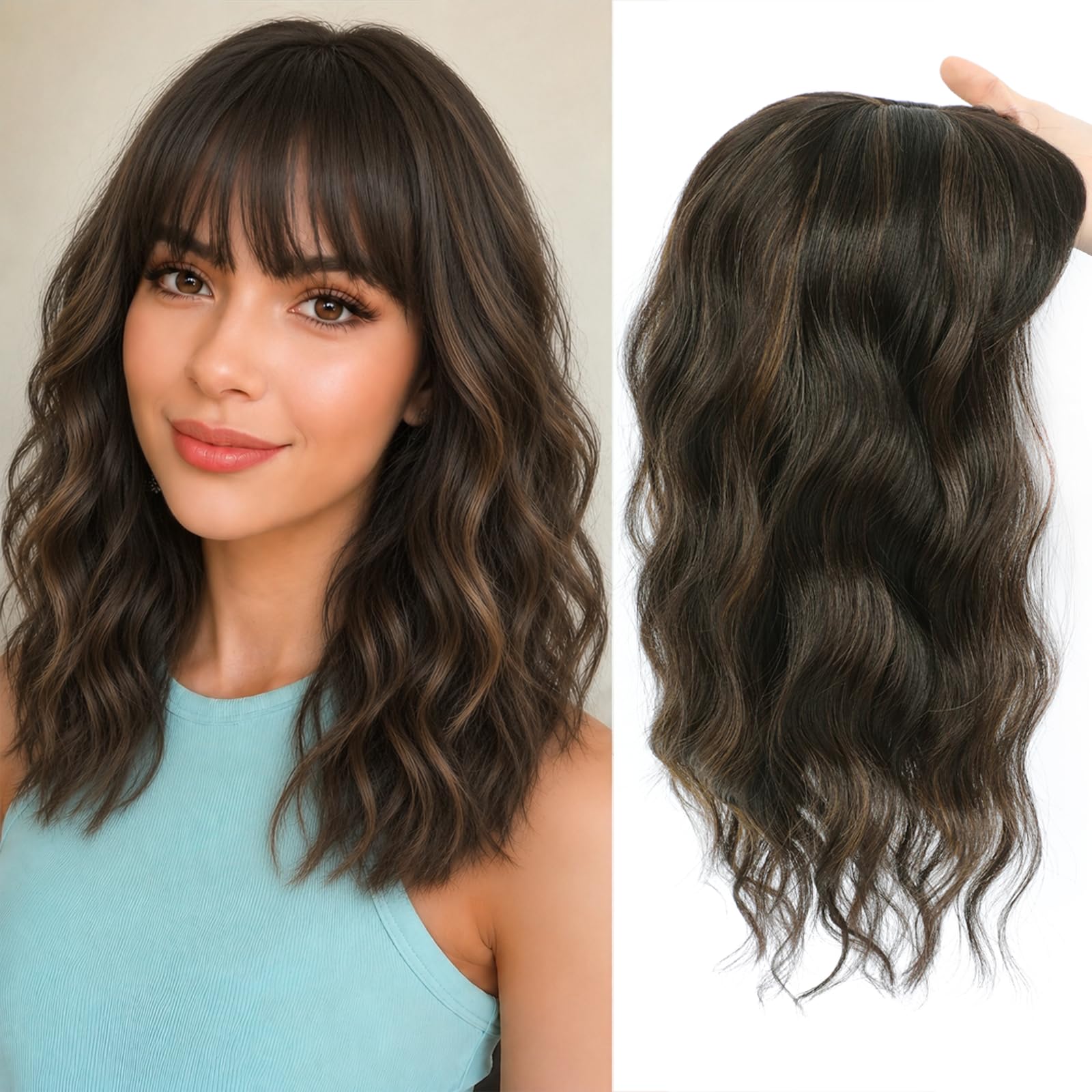 Photo 1 of 16 Inch Hair Topper for Women with Thinning Hair, Synthetic Curly Wavy Clip-In Topper with Wispy Bangs Natural Looking Crown Coverage Lightweight Hair Piece for Volume(Dark Brown Mixed Chestnut)