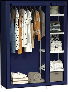 Armario portátil de lona para dormitorio, armario plegable con barra para colgar y cubierta de tela, ideal para almacenamiento en la sala de estar, color azul, diseño de ahorro de espacio