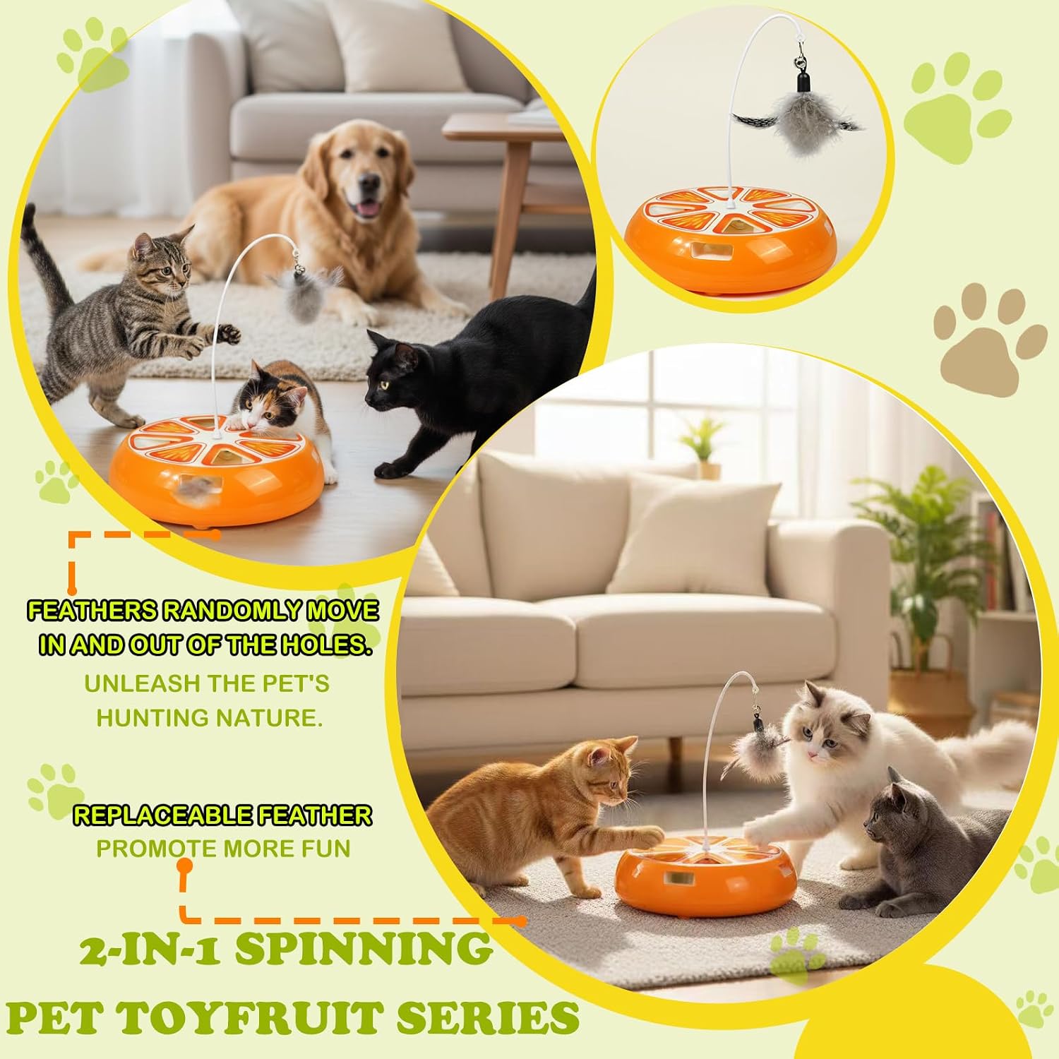 Puffluv Interactive Cat Toy,2 in 1Fruite Shape Toys with Electric Moving Concealed and Hanging Feathers Pop and Play Hide Seek, Hunting,Tpye-C Rechargeable-Orange
