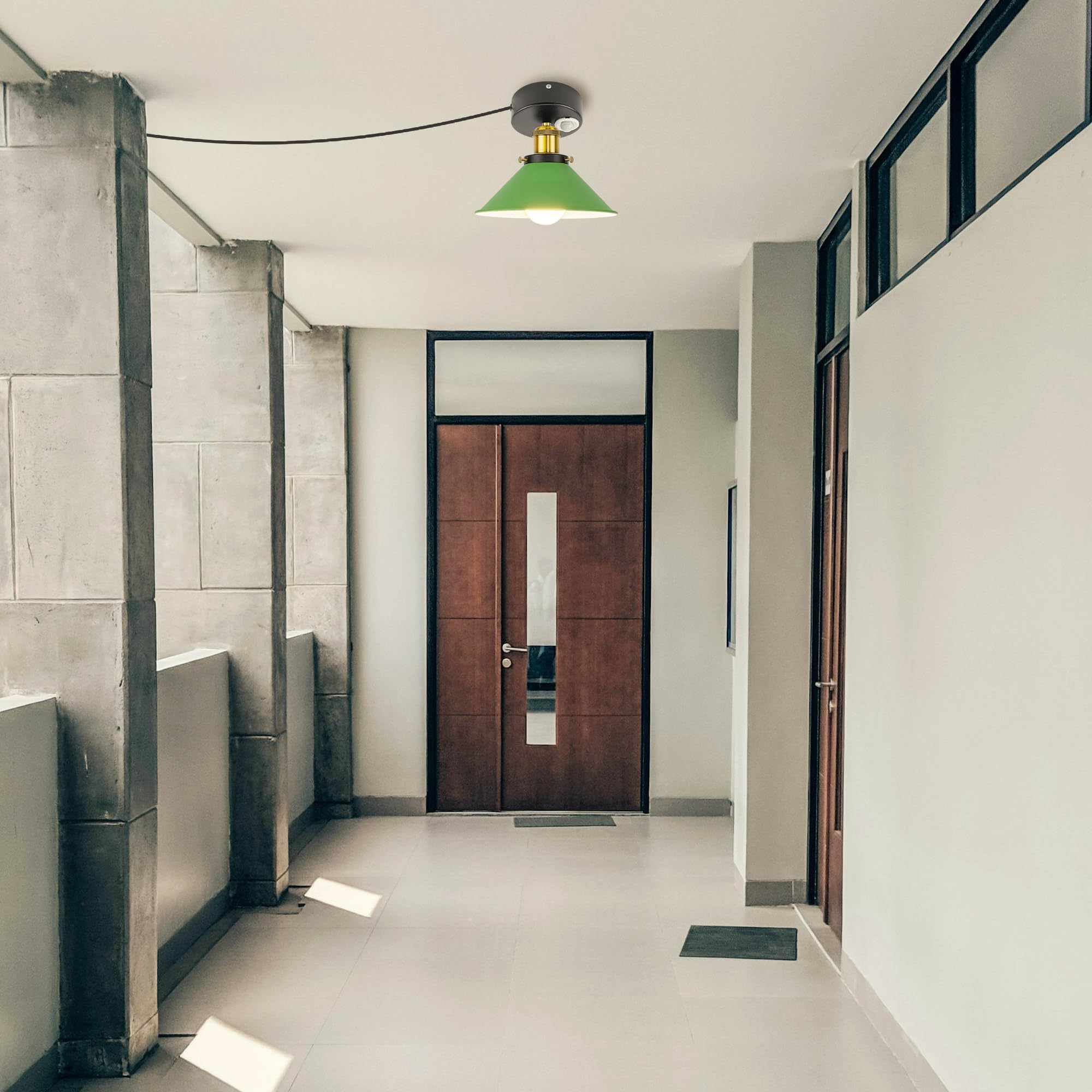 Plafoniera con sensore di movimento interno, in alluminio industriale, con sensore di movimento radar con cavo da 4,5 m e portalampada E27, per scale, garage, corridoio, bagno, verde