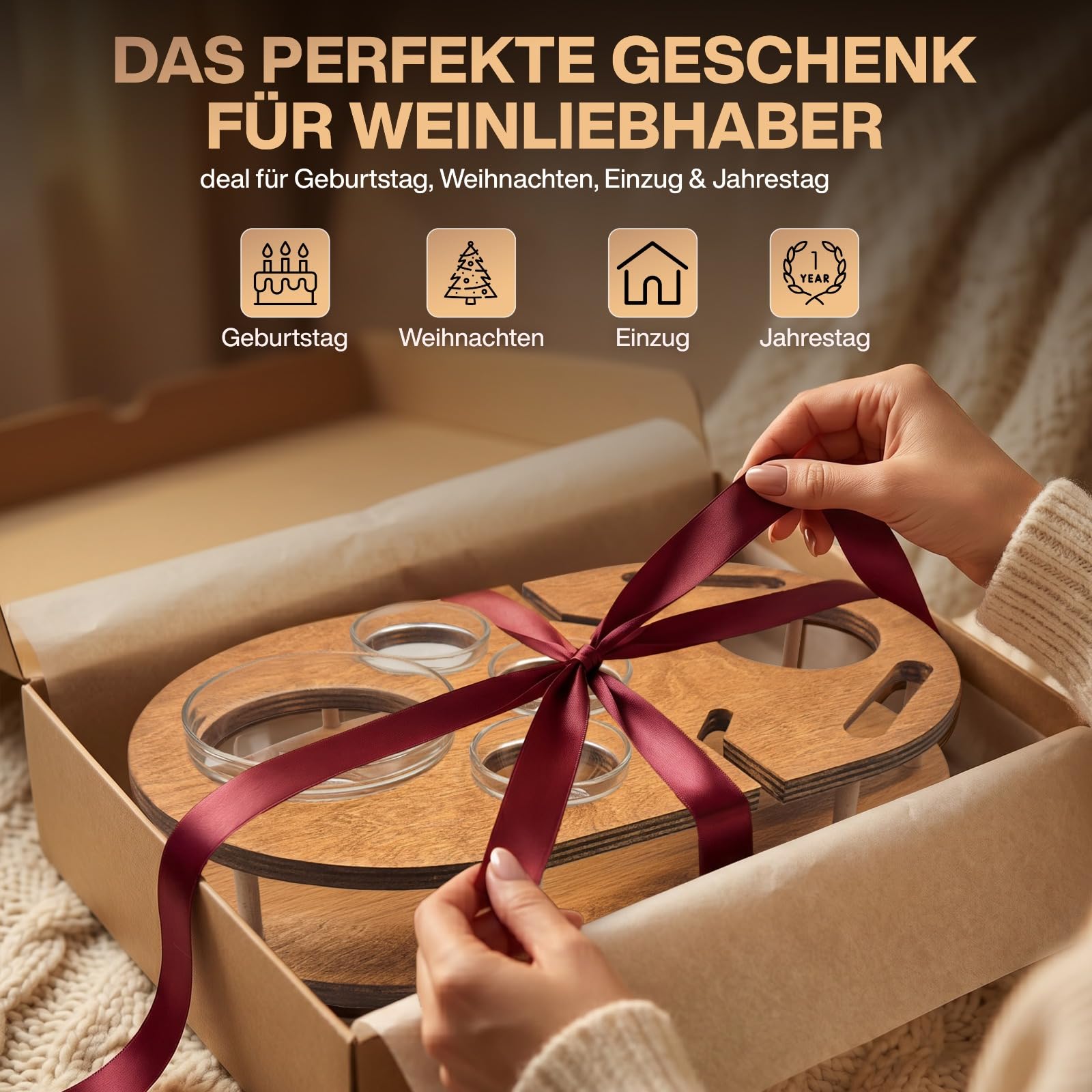 Couchbar Weinbar in Eiche mit 4 Glasschalen | PERSONALISIERBAR | Snackbox für Wein mit Getränkehalterung für Weingläser und Weinflasche | Sofabar für Snacks | Couch Bar personalisiert