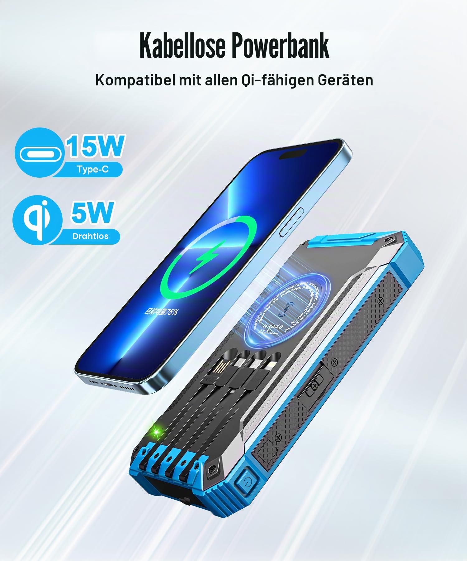 Wireless Solar Powerbank 26800mAh mit 4 Kabel, 15W Schnellladung für Handy