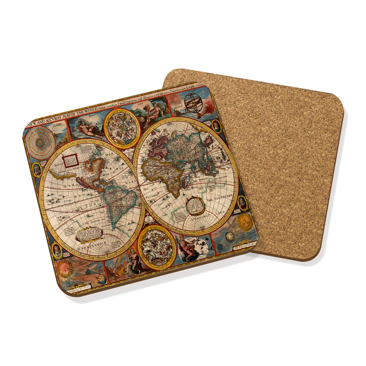 Vintage Old World MAP #3 Drinks Coaster MAT HARDBOARD Square Set X4
