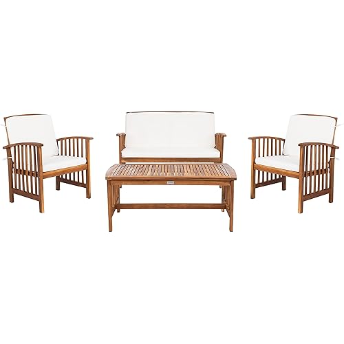 SAFAVIEH Outdoor Collection Rocklin Natural/ Beige 4-Piece Conversation Patio Set with Cushions