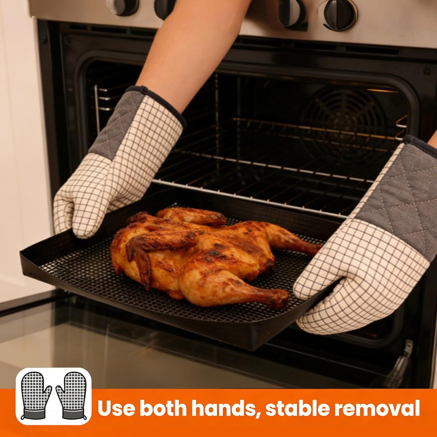 Professional-Grade 2-Pack PTFE Mesh Oven Baskets, 13.5x14.5x1 Inch Non-Stick Solid Oven Trays for Commercial Kitchens & High-Volume Cooking