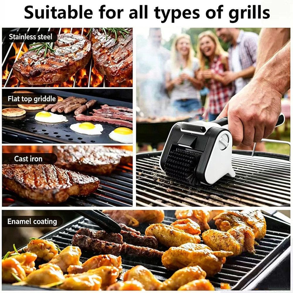 Spazzola Elettrica per Barbecue, Pulitore Cordless con Testina A Spazzola Rotante Sostituibile in Tessuto, Strumento di Pulizia Robusto con Luce LED, per Barbecue da Interno Ed Esterno