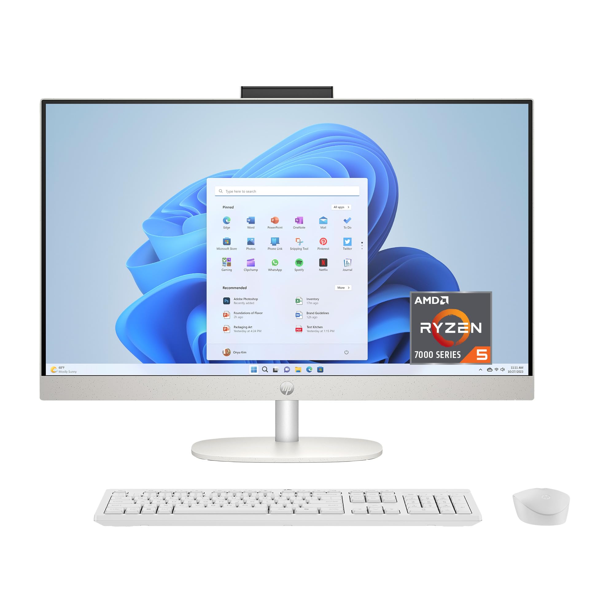 HP 27 inch All-in-One Desktop PC, FHD Touchscreen, AMD Ryzen 5 7520U, 8 GB RAM, 512 GB SSD, AMD Radeon Graphics, Windows 11 Home, Shell White, 27-