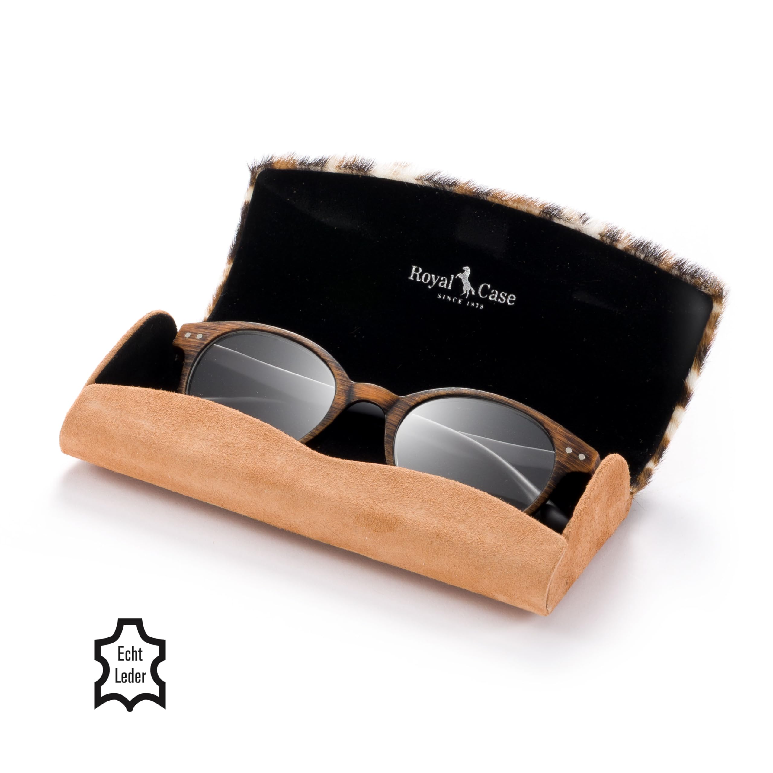FEFI Premium Brillenetui Hardcase aus Echt-Leder & Wildleder – Handmade mit Fellbesatz & goldfarbener Applikation – Elegantes Lederetui inkl. Mikrofasertuch