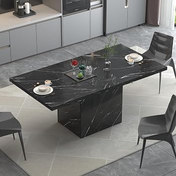 HSH Dining Table Modern Rectangle Kitchen Dinner Table 140cm Black Marble | Modern Dinner Table for 6-8, Farmhouse Kitchen Table for Living Room, Industrial Wood Dining Room Tables with Sturdy Base