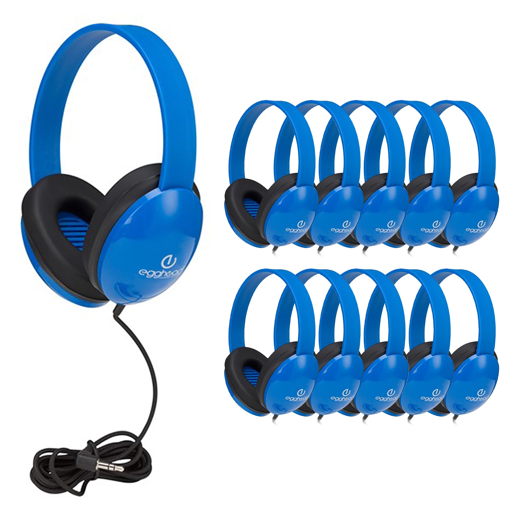 Egghead Heavy-Duty Kids' Headphones with Padded Ear Cups and 6' Cord, Adjustable Tangle-Free Plastic Classroom Headphones for Kids, Pack of 10, Blue