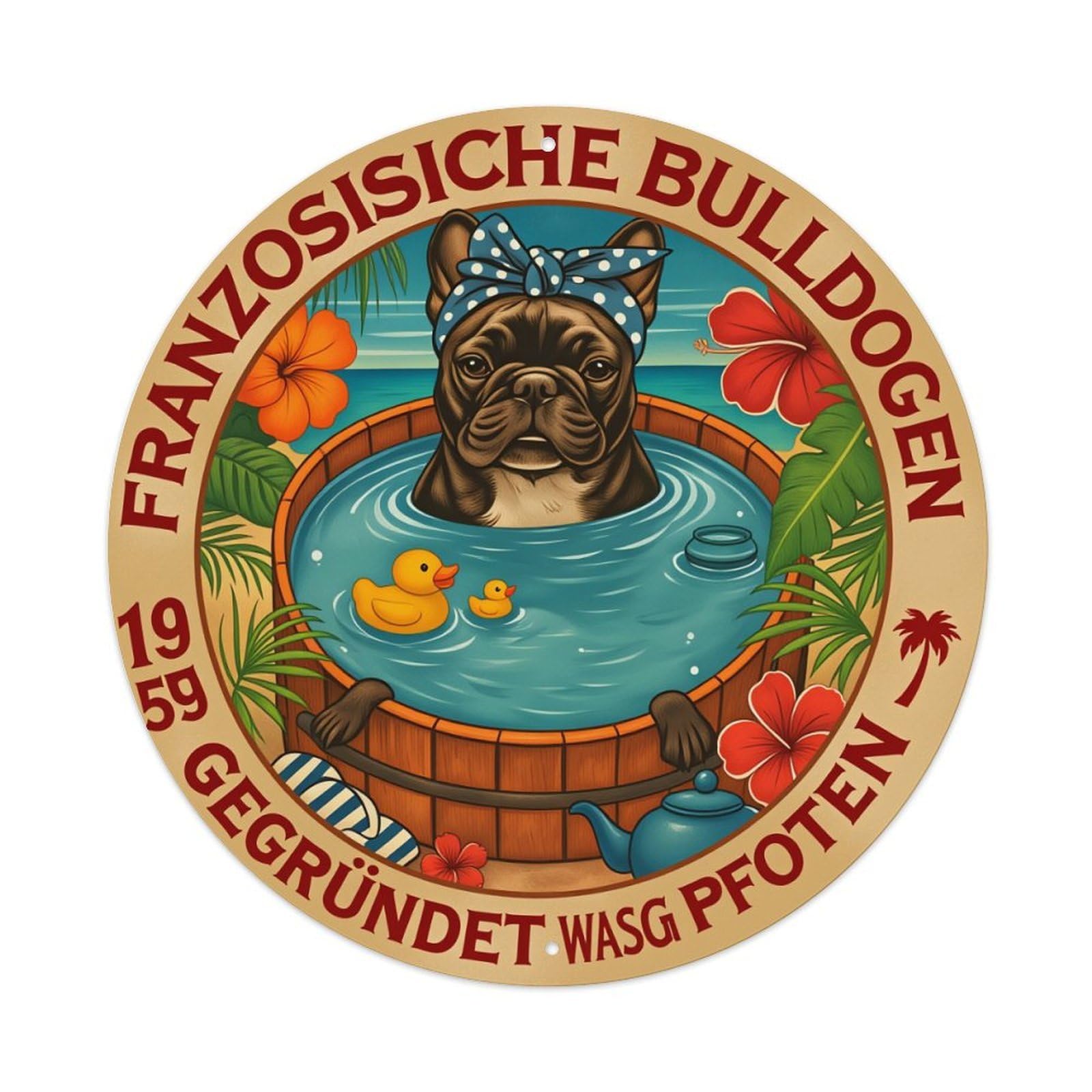 Bulldog In Pool With Ducks Round Tin Sign Vintage Metal Poster, Home Bar Garage Man Cave Cafe Indoor & Outdoor Wall Decoration 8x8Inches