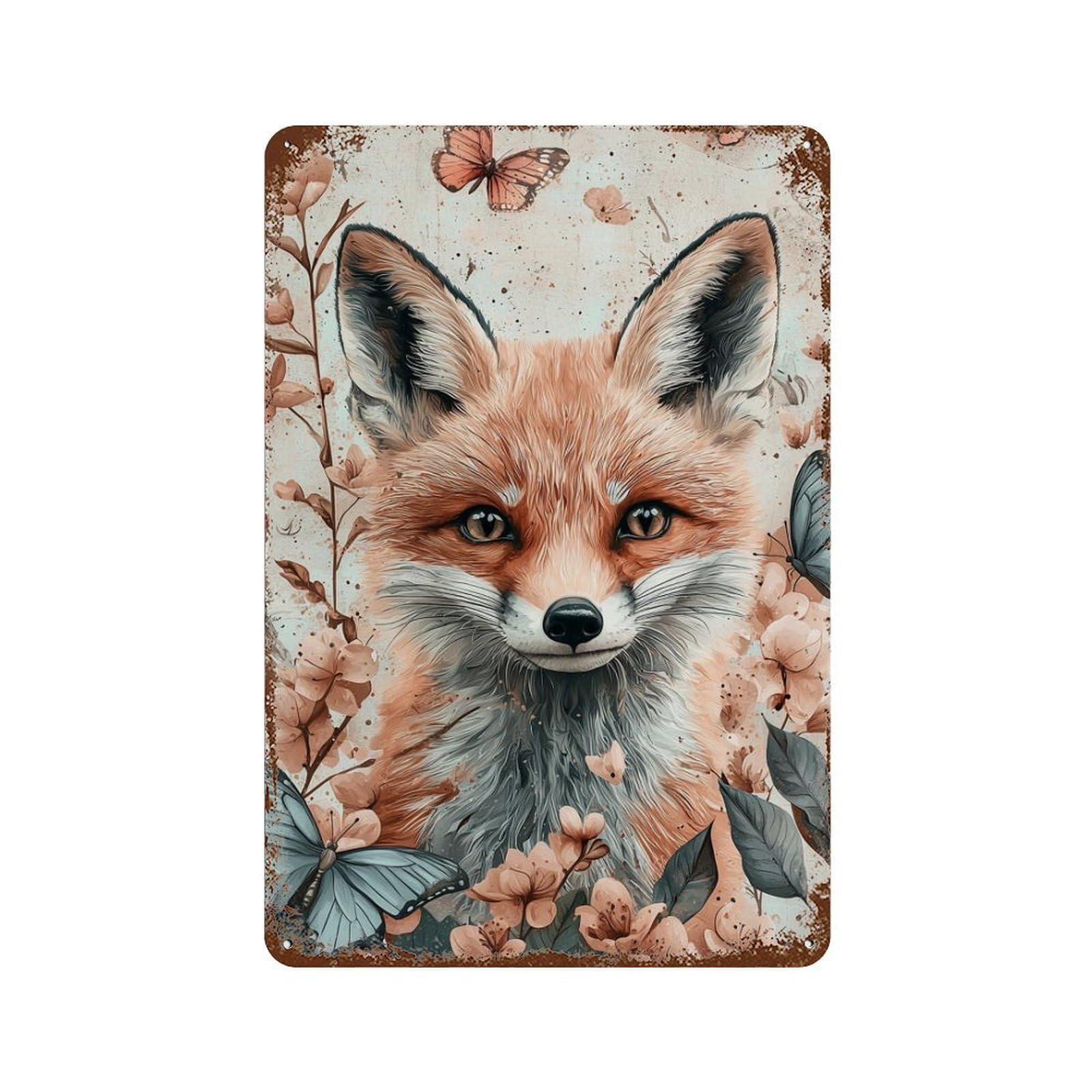 Fox with Butterflies And Flowers Retro Metal Sign 11.8"x7.9", Novelty Wall Decor for Farmhouse, Kitchen And Entryway Decor