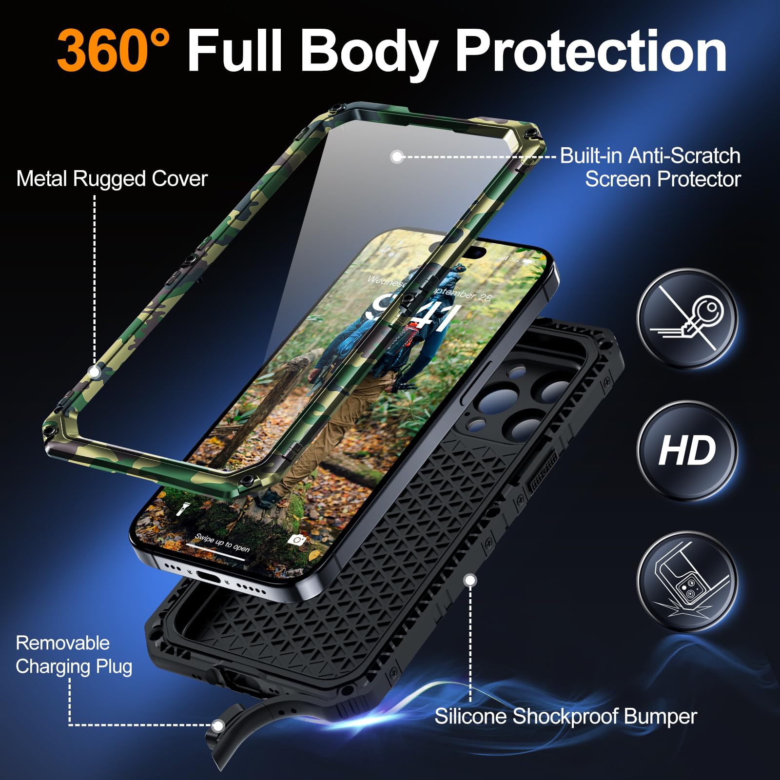 Mitywah Wateproof - Funda para iPhone 15 Pro MAX, Grado Militar, a Prueba de Golpes, para Senderismo y Escalada al Aire Libre, protección Completa de Metal Resistente con Protector de Pantalla