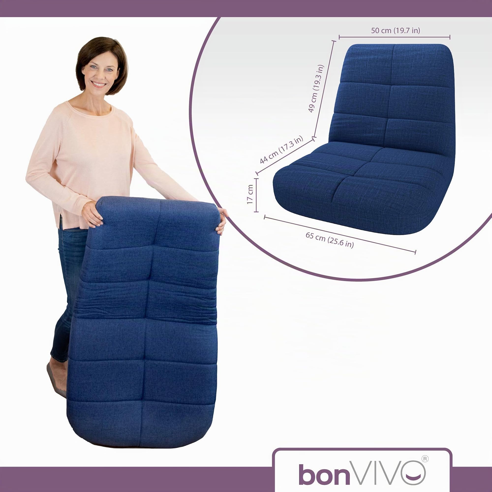 bonVIVO Easy Lounge Bodenstuhl mit Rückenlehne - Faltbarer Bodensessel, Gepolstert & Verstellbar - Mobiler Meditationsstuhl, Gaming Stuhl - Blau