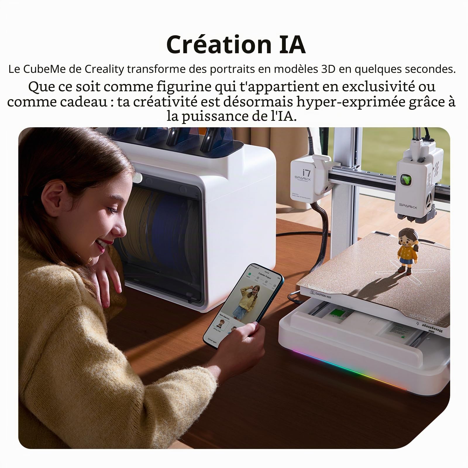 Creality Imprimante 3D FDM de Bureau SPARKX i7 Color Combo pour débutants, modélisation 3D par IA à partir de Photos, Compatible Impression Multicolore, nivellement Automatique