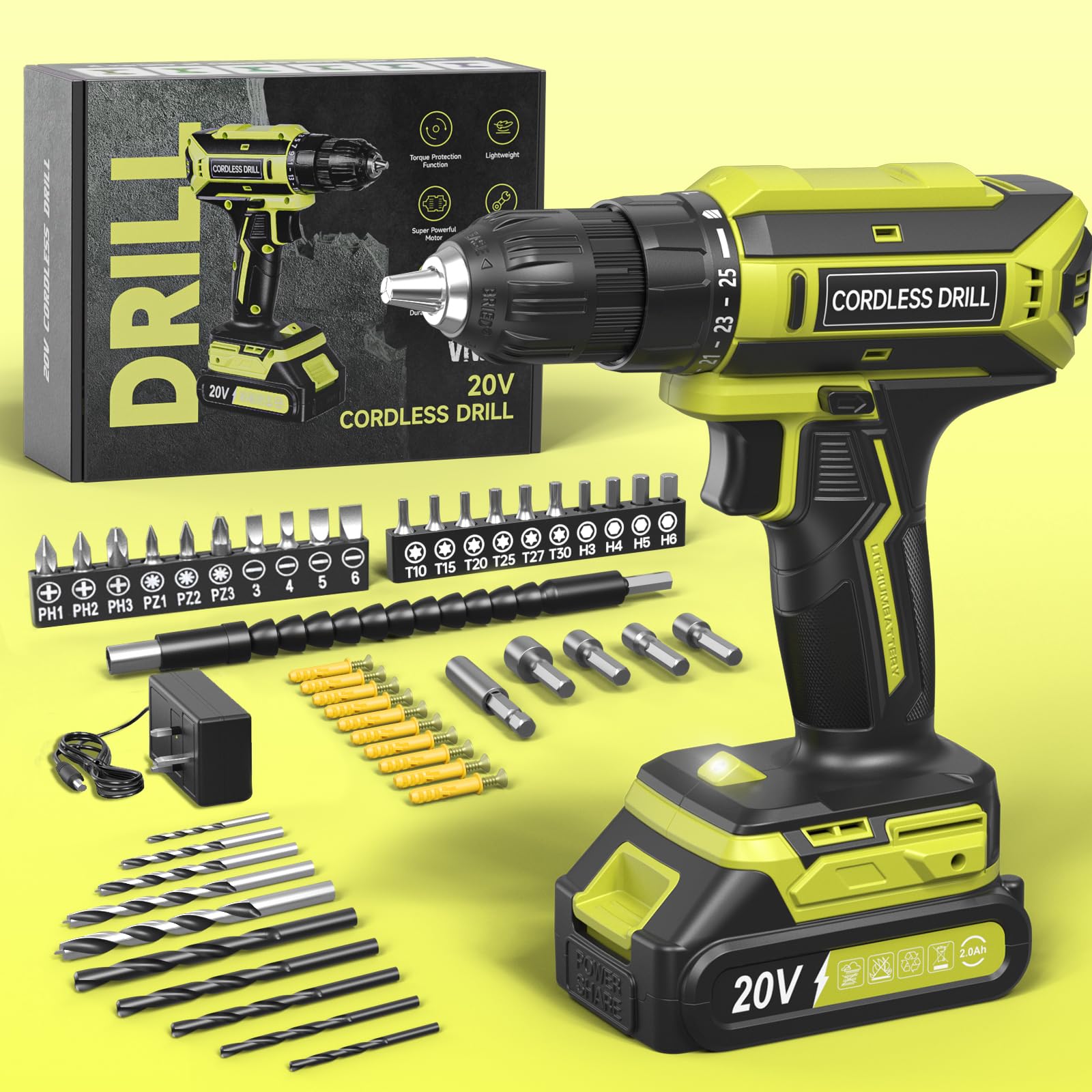 VIWKO Cordless Drill, 20V Electric Combi Drill Set, 25+1 Torque 370 in-lb Power Drills, Electric Screwdriver with 56PCS Accessories LED Light, 2.0Ah Battery Hand Drills Driver for Home Repair DIY Gift