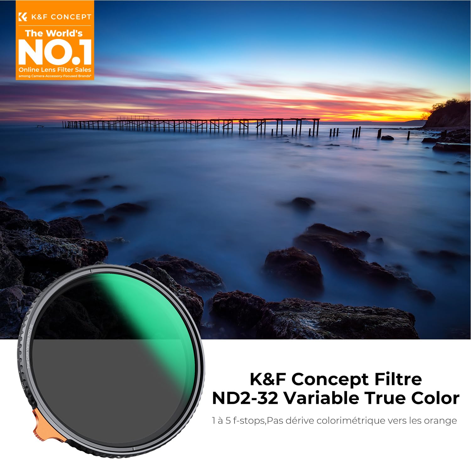 K&F CONCEPT Filtre 77mm ND2-32 Variable 1-5 Stops True Color Aucune Déformation des Couleurs Pas Croix Noire pour Objectif Appareil Photo